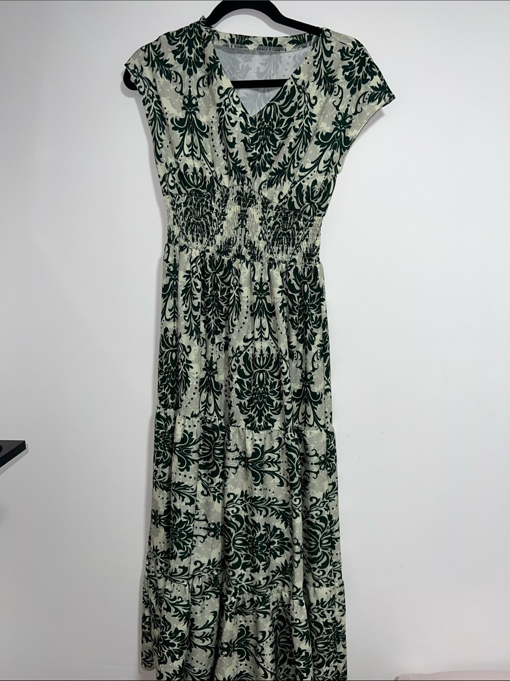 Maxi Dress in Cream with Dark Green Floral Print
